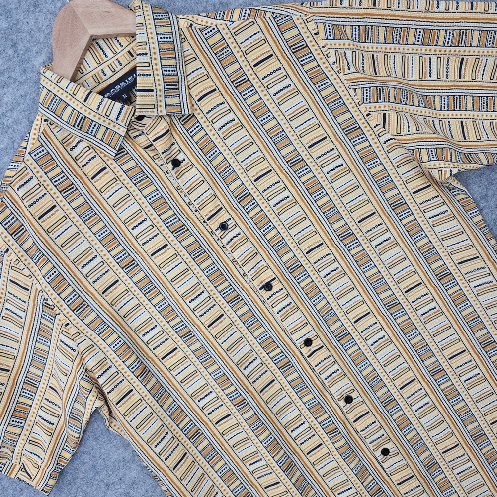 Bassiri Button Up Shirt Men's Medium Yellow Geometric Tribal Microfiber Funky